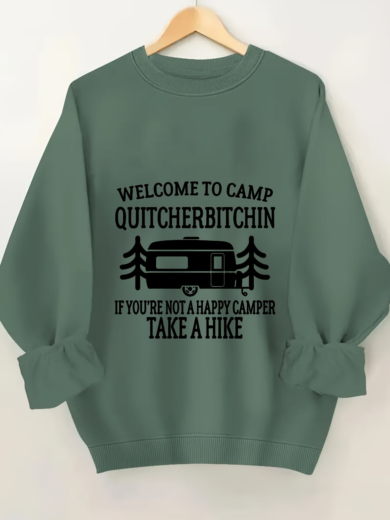 Women's Plus Size Crew Neck Pullover Sweatshirt - Alphabet Print "Welcome to Camp Quitcherbitchin" Graphic
