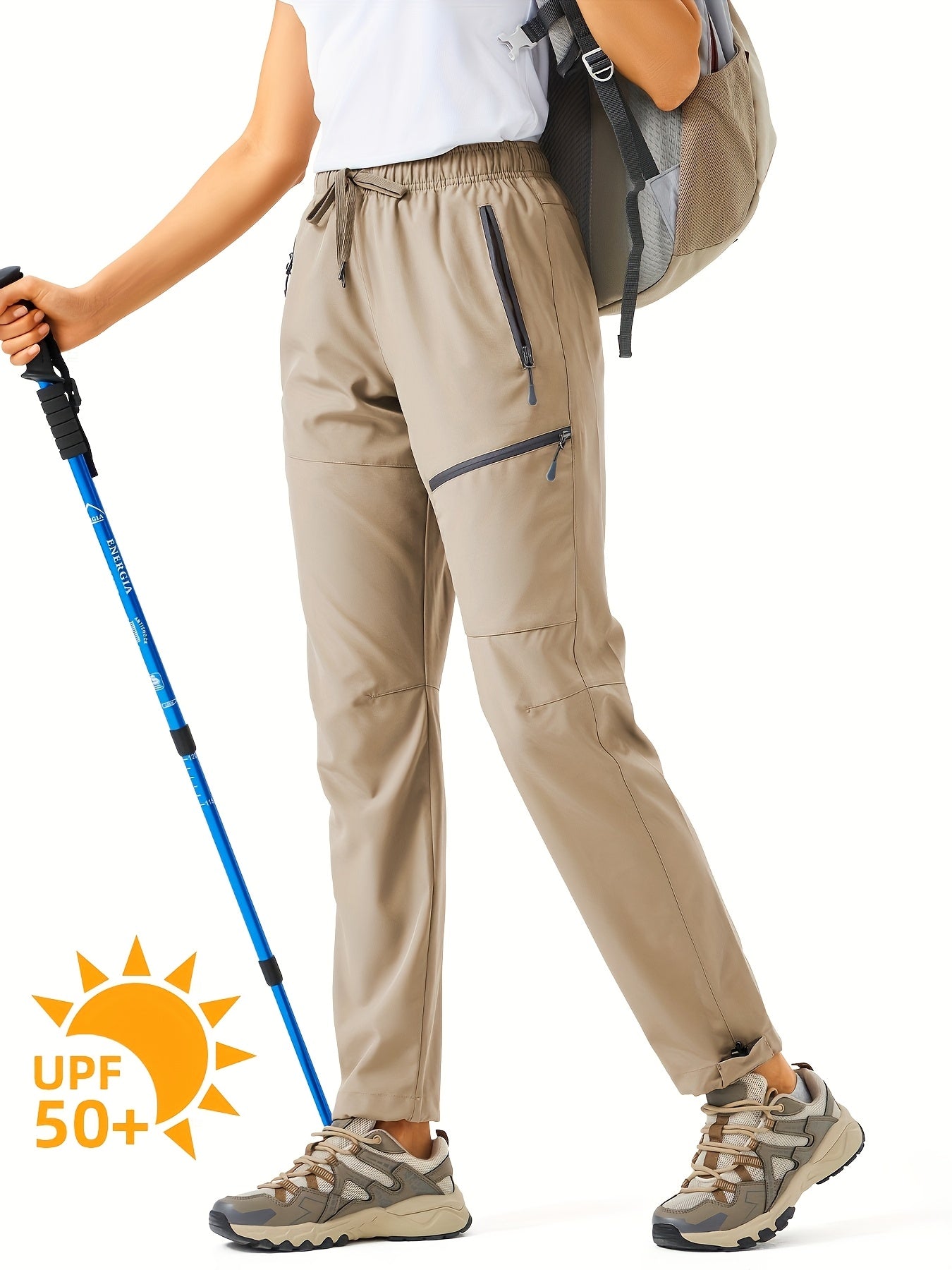 Plus Size Women's Cargo Pants, Lightweight, Quick Dry, Water Resistant, Elastic Waist, Zipper Pockets