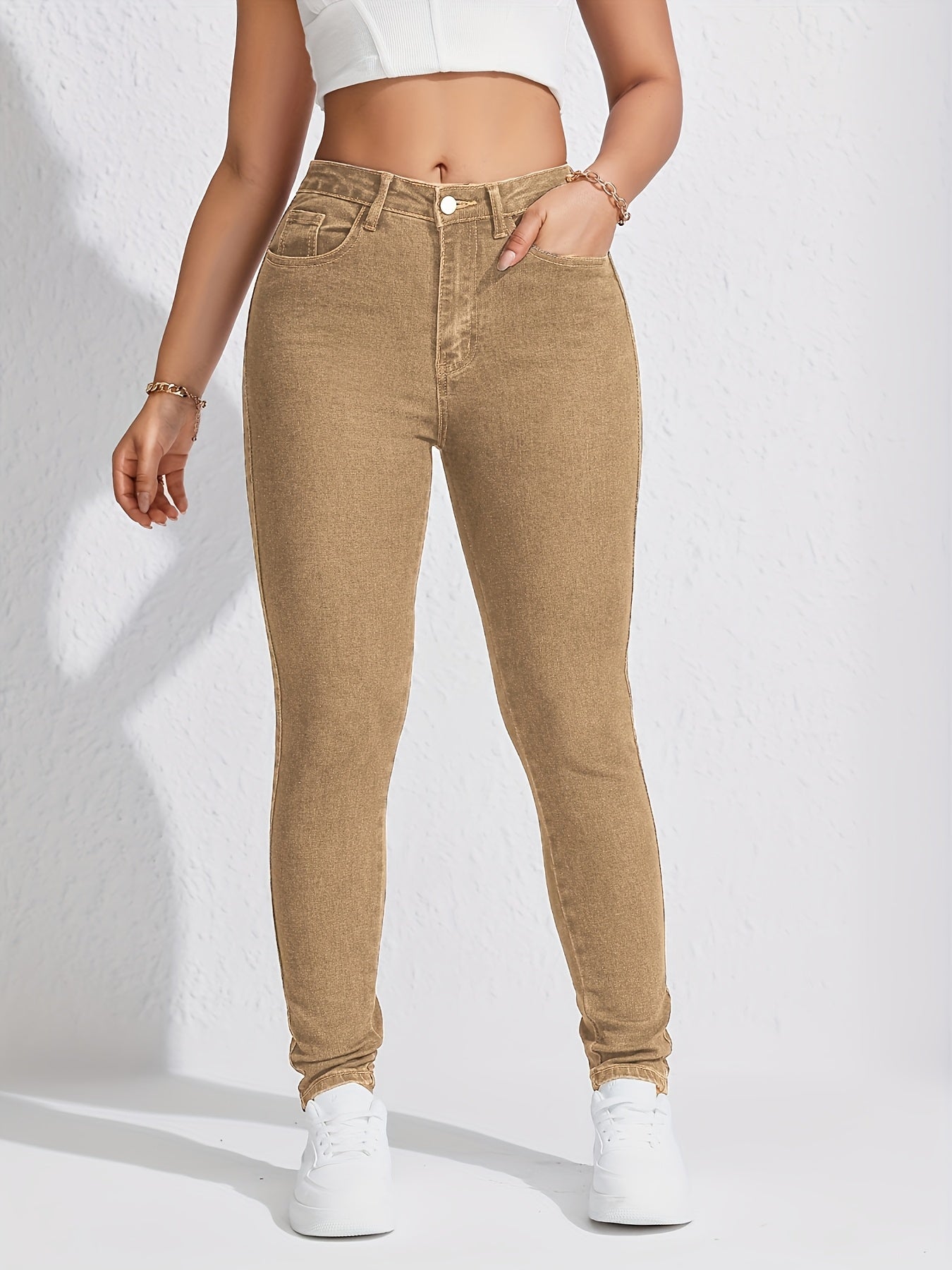 Women's Plus Size Khaki Stretch Skinny Jeans With Slant Pockets, Mid-Rise, Comfort Fit
