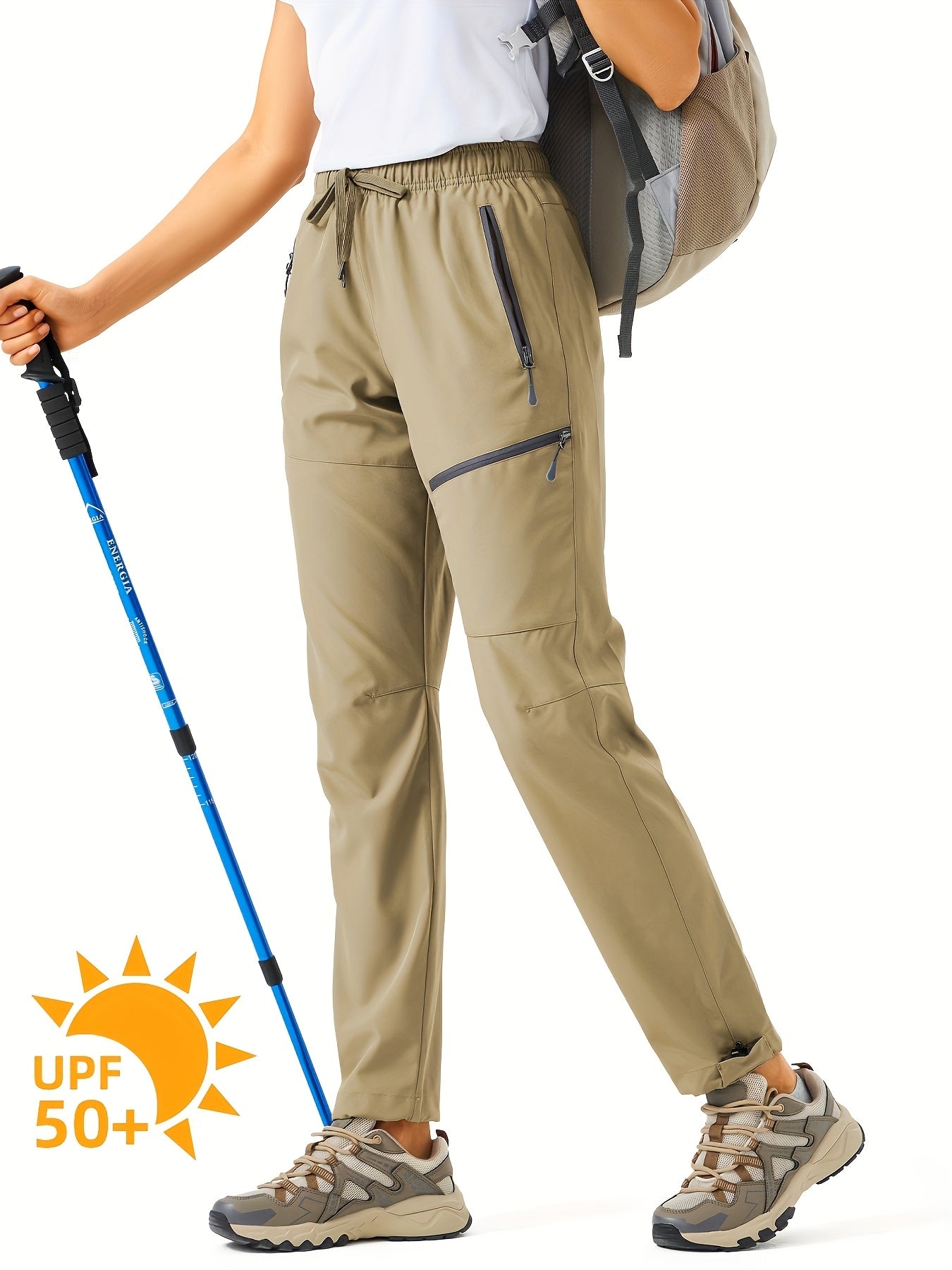 Plus Size Women's Cargo Pants, Lightweight, Quick Dry, Water Resistant, Elastic Waist, Zipper Pockets