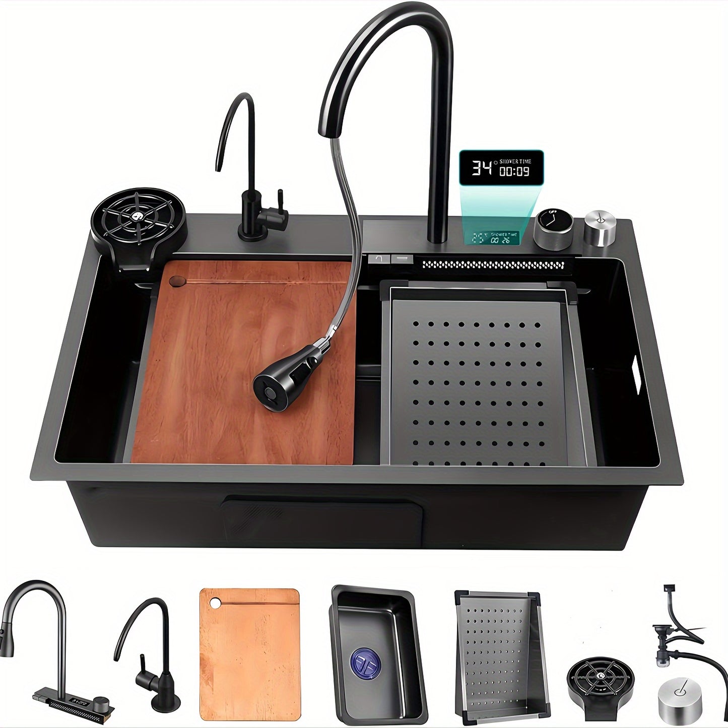 Black Nano Embedded Kitchen Sink, Waterfall Sink With Pull-down Nozzle Faucet, Single Slot Embedded Kitchen Sink Workstation With LED Temperature Display