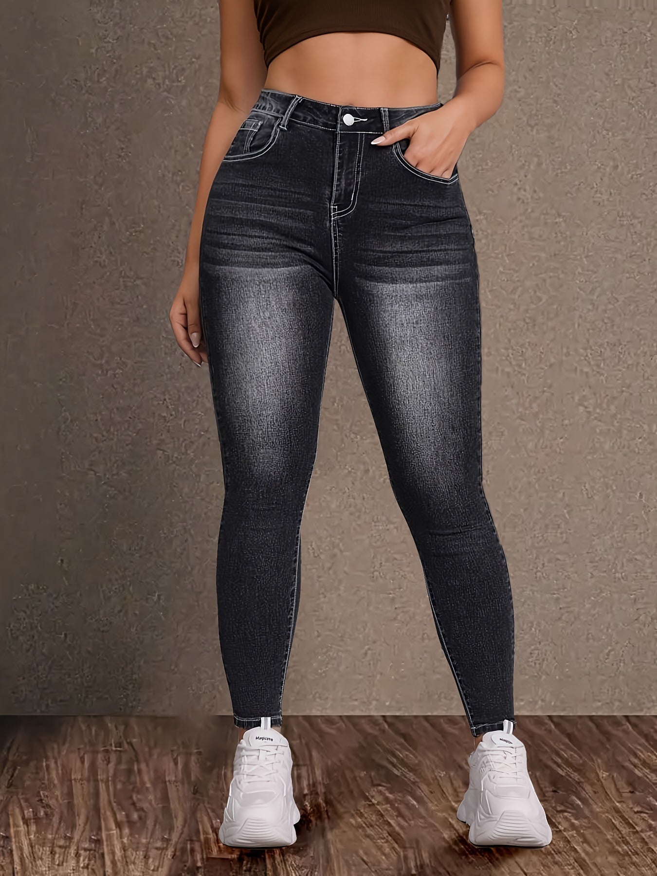 Vintage Black High-Waist Stretch Denim Jeans - Plus Size, Geometric Embroidery, Pockets, Rayon Blend