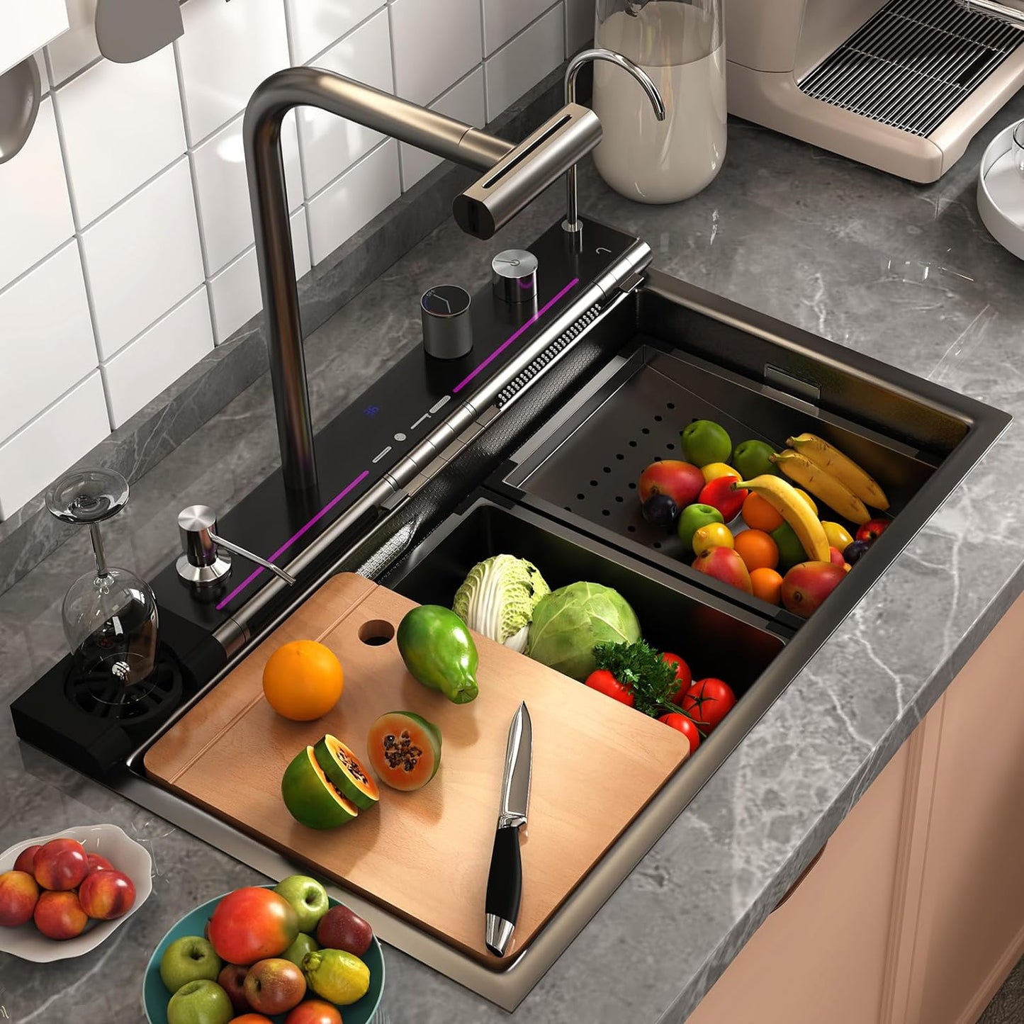 29.5 x 18.1 inch Stainless Steel Honeycomb Single Bowl Kitchen Sinks, Digital Display Double Waterfall Sink, With Pull-out Swivel Faucet and Pressurized Cup Washer (29.5 x 18.1 inch)
