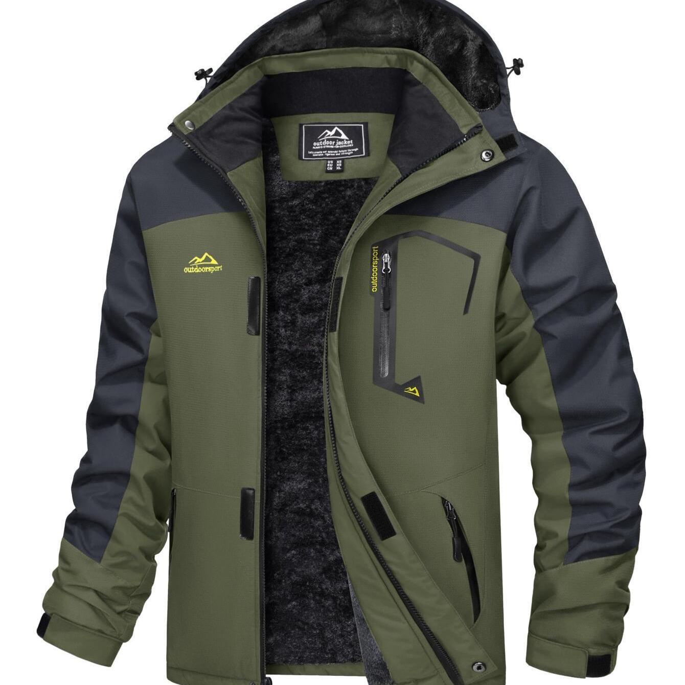 Men Winter Ski Snow Jacket - Multiple Zipper Pockets, Large Storage, Removable Hood, Adjustable Cuffs