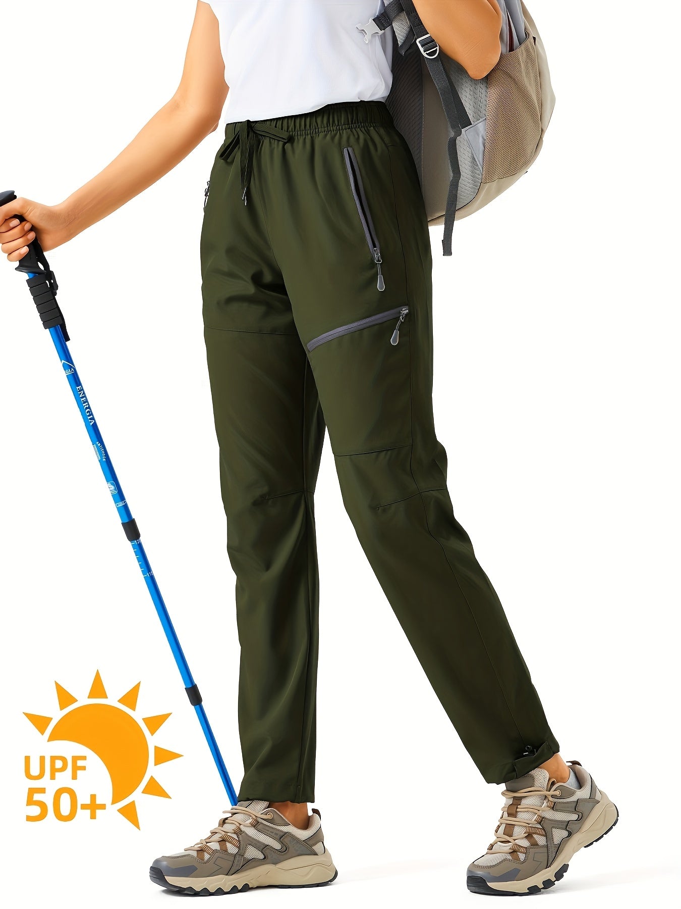 Plus Size Women's Cargo Pants, Lightweight, Quick Dry, Water Resistant, Elastic Waist, Zipper Pockets
