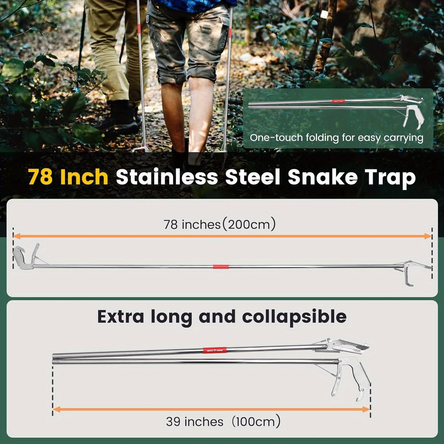 78 Inch Folding Snake Grabber Tool, Extra Long Snake Tongs for Extra Safety, Made of Stainless Steel, High Load Capacity