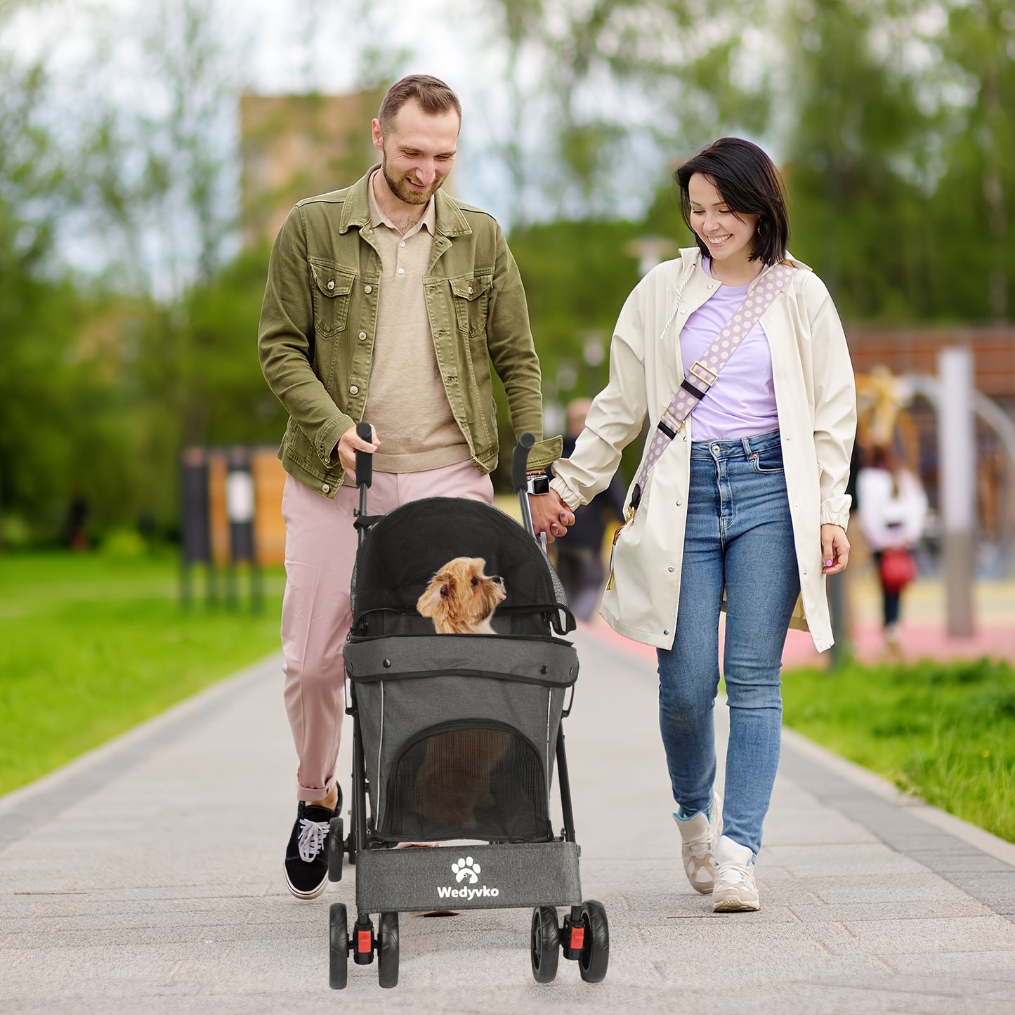 Pet Stroller for Small Dogs Cats, Up to 33 LBS with Storage Basket & Cup Holder, Dark gray