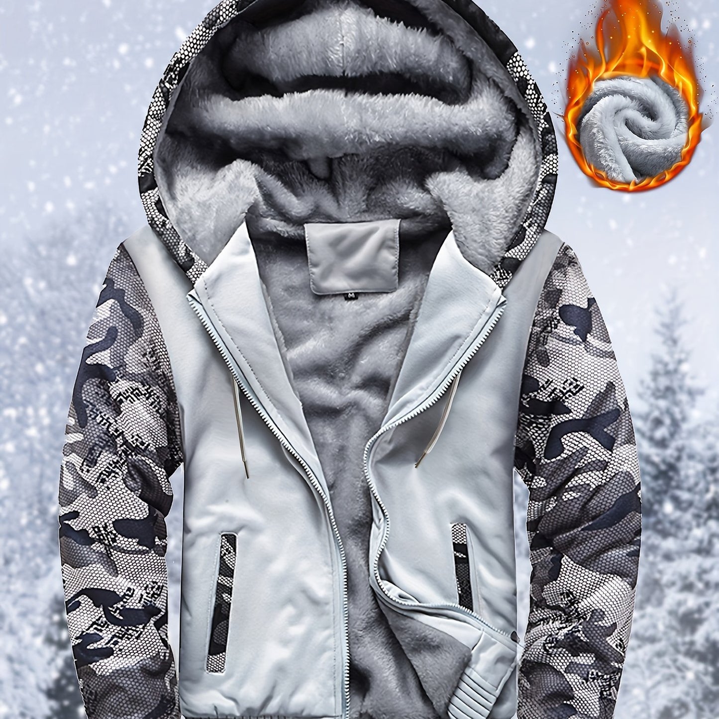 Thick Warm Camo Fleece-Lined Hoodie - Women's Zip-Up Activewear Jacket with Pockets