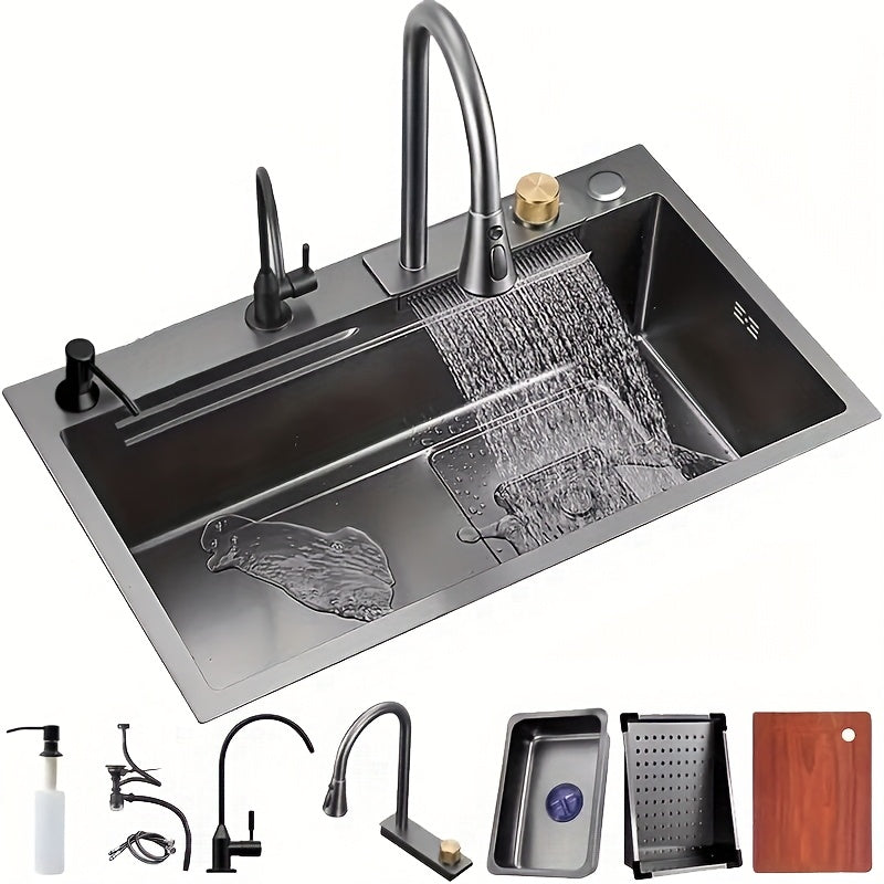 30x18 Inch Modern Stainless Steel Kitchen Sink with Dual Waterfalls, Pull-Out Faucet & Digital Display
