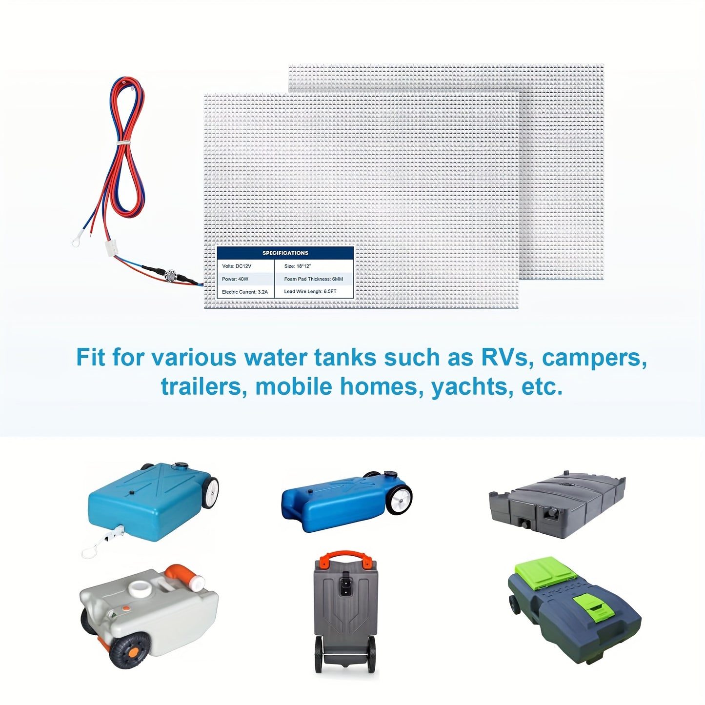 12"x18" 12V/13.5V RV Water Tank Heating Pad, Use With Up To 50 Gallons Fresh Water, 2 Pack RV Holding Tank Heater Pad With Thermostat, Without Battery