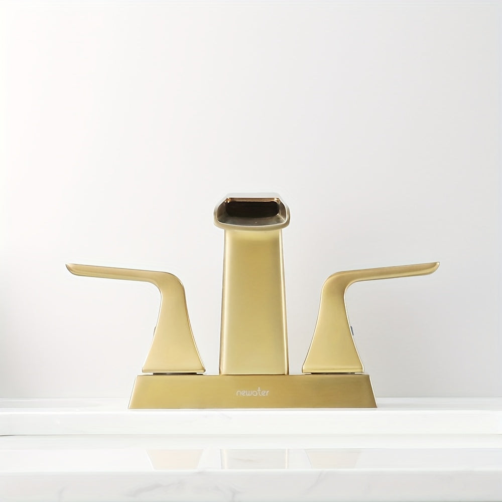 Modern Waterfall Center set Bathroom Sink Faucet - 2-Handle, Brushed Black with Golden Accents