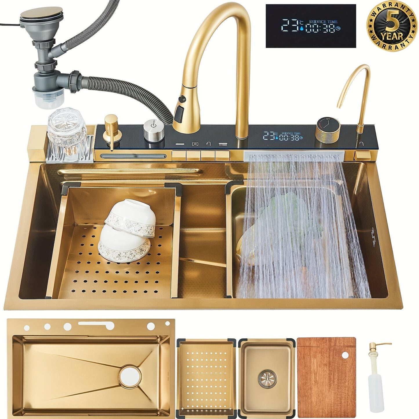 30x18 Inch Modern Stainless Steel Kitchen Sink with Dual Waterfalls, Pull-Out Faucet & Digital Display