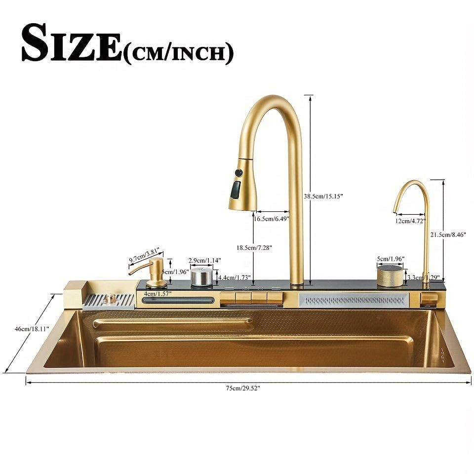 Golden Multifunctional Waterfall Digital Display Sink, 304 Stainless Steel 1 Basin, Smart Sink with Integrated Tap