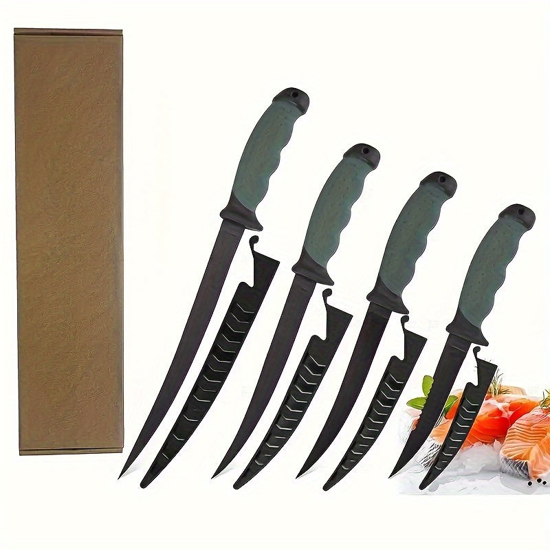 4pcs/Set Fish Cutting Fillet Knife, Non-stick Coating PP+TPR Soft Handle, Stainless Steel Fishing Knife Included Sheath