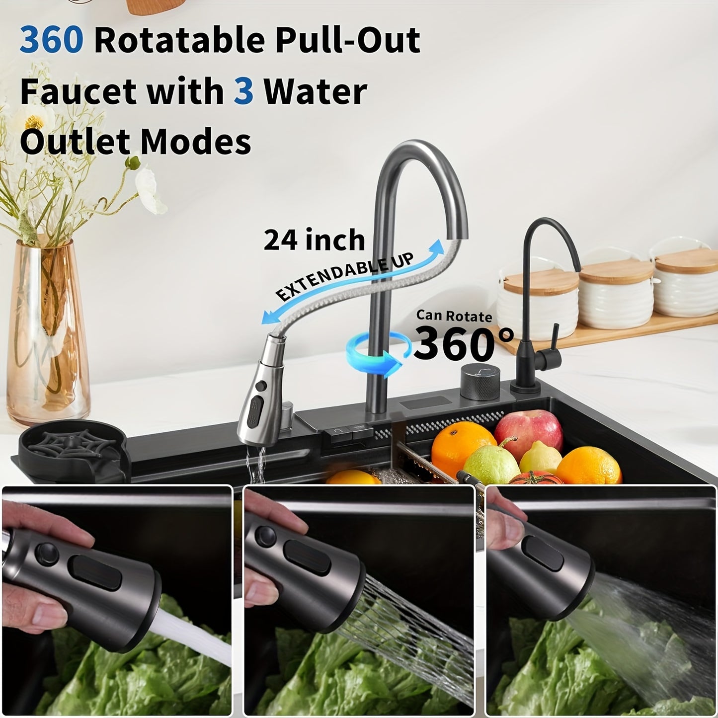Waterfall Kitchen Sink, 30"/31.5" Drop In Smart Stainless Steel Kitchen Sink With Digital Display And Multifunctional Faucet