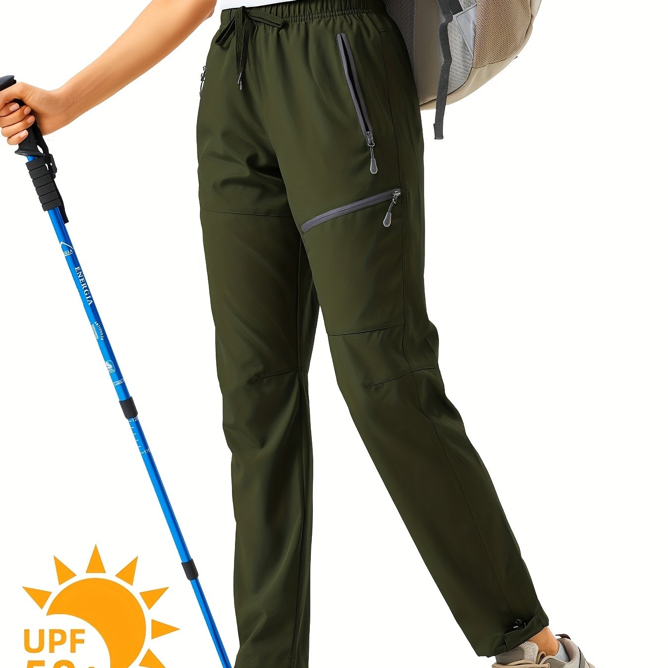 Plus Size Women's Cargo Pants, Lightweight, Quick Dry, Water Resistant, Elastic Waist, Zipper Pockets