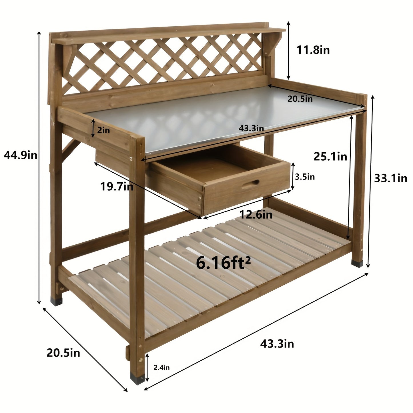 Wooden Potting Bench Table, Natural Wood Garden Work Station With Metal Table Top, Drawer, Large Bottom Shelf