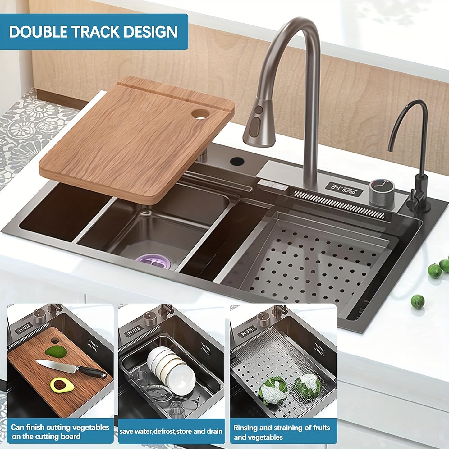 Black Nano Embedded Kitchen Sink, Waterfall Sink With Pull-down Nozzle Faucet, Single Slot Embedded Kitchen Sink Workstation With LED Temperature Display
