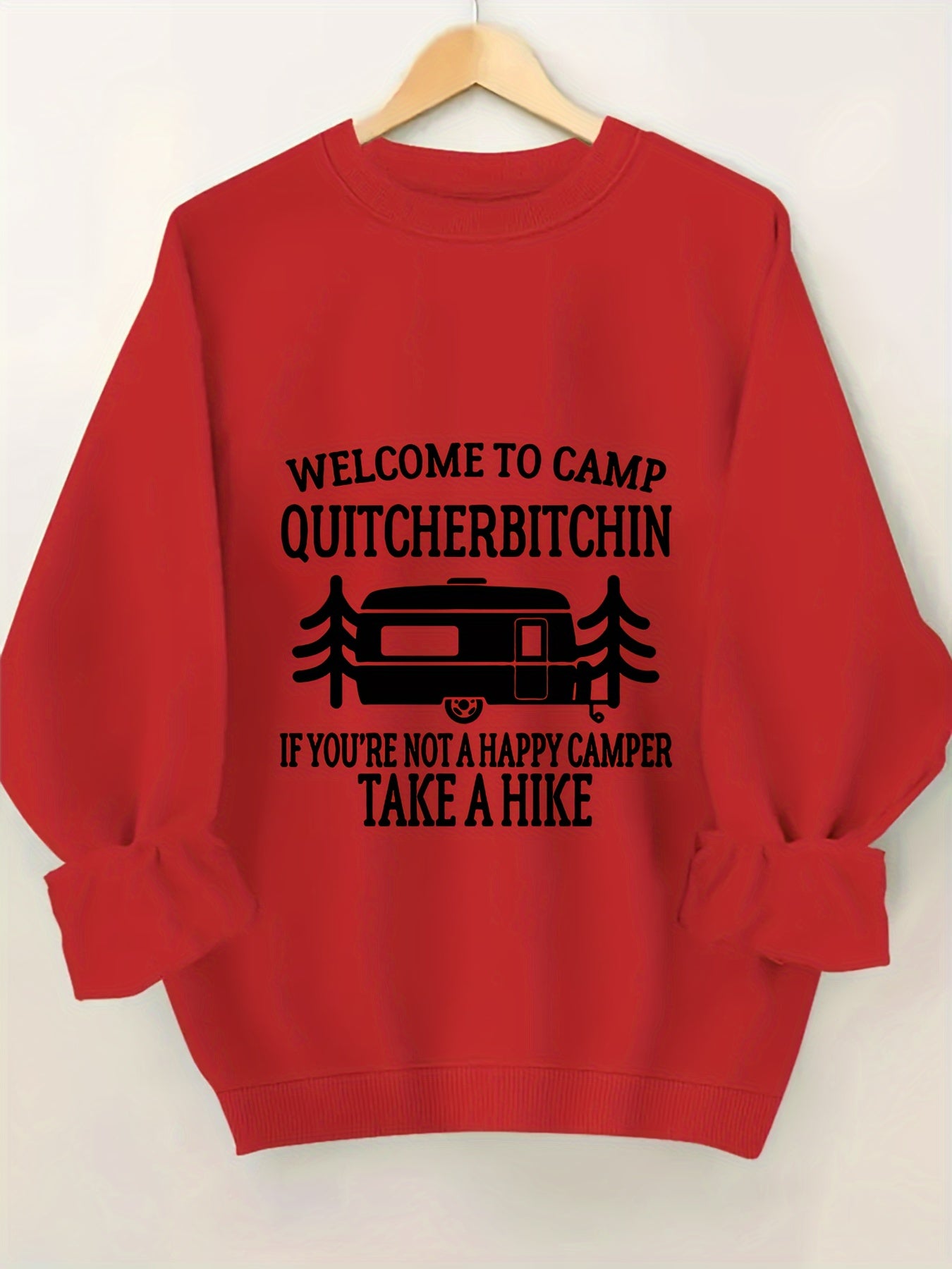 Women's Plus Size Crew Neck Pullover Sweatshirt - Alphabet Print "Welcome to Camp Quitcherbitchin" Graphic