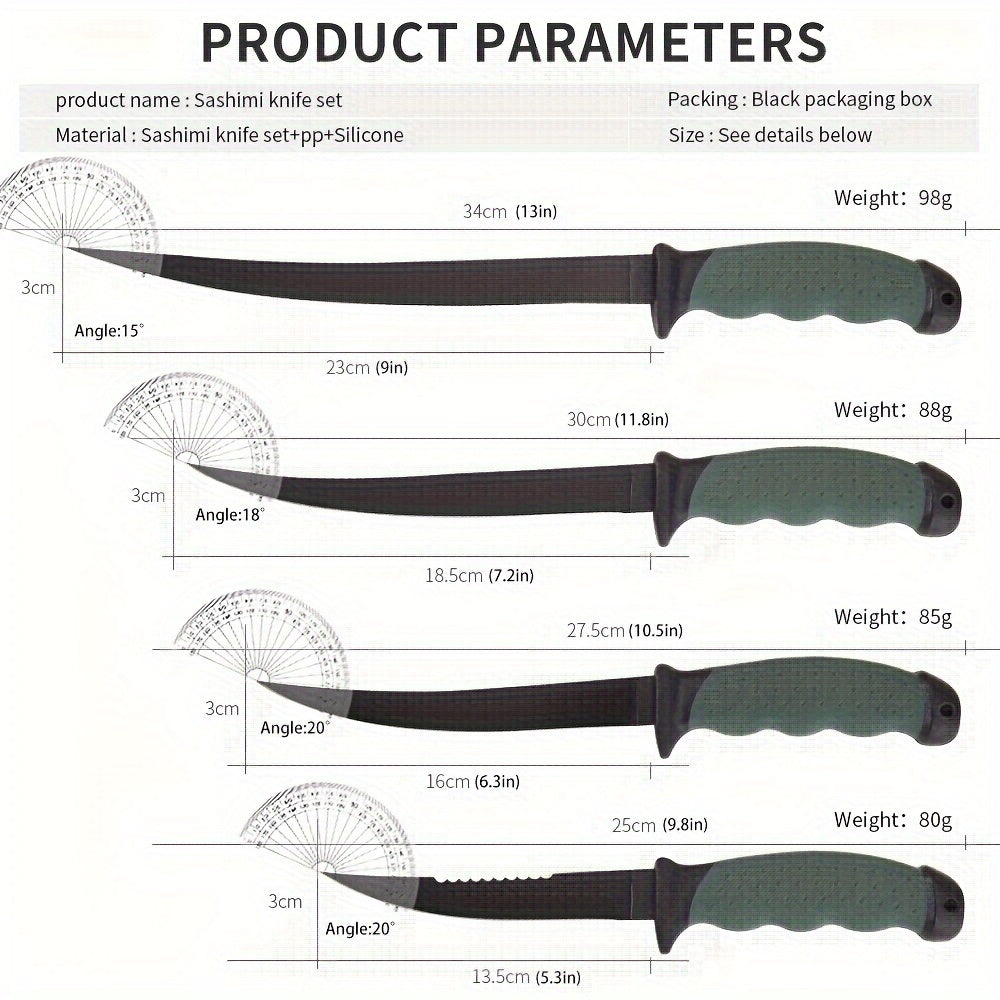 4pcs/Set Fish Cutting Fillet Knife, Non-stick Coating PP+TPR Soft Handle, Stainless Steel Fishing Knife Included Sheath