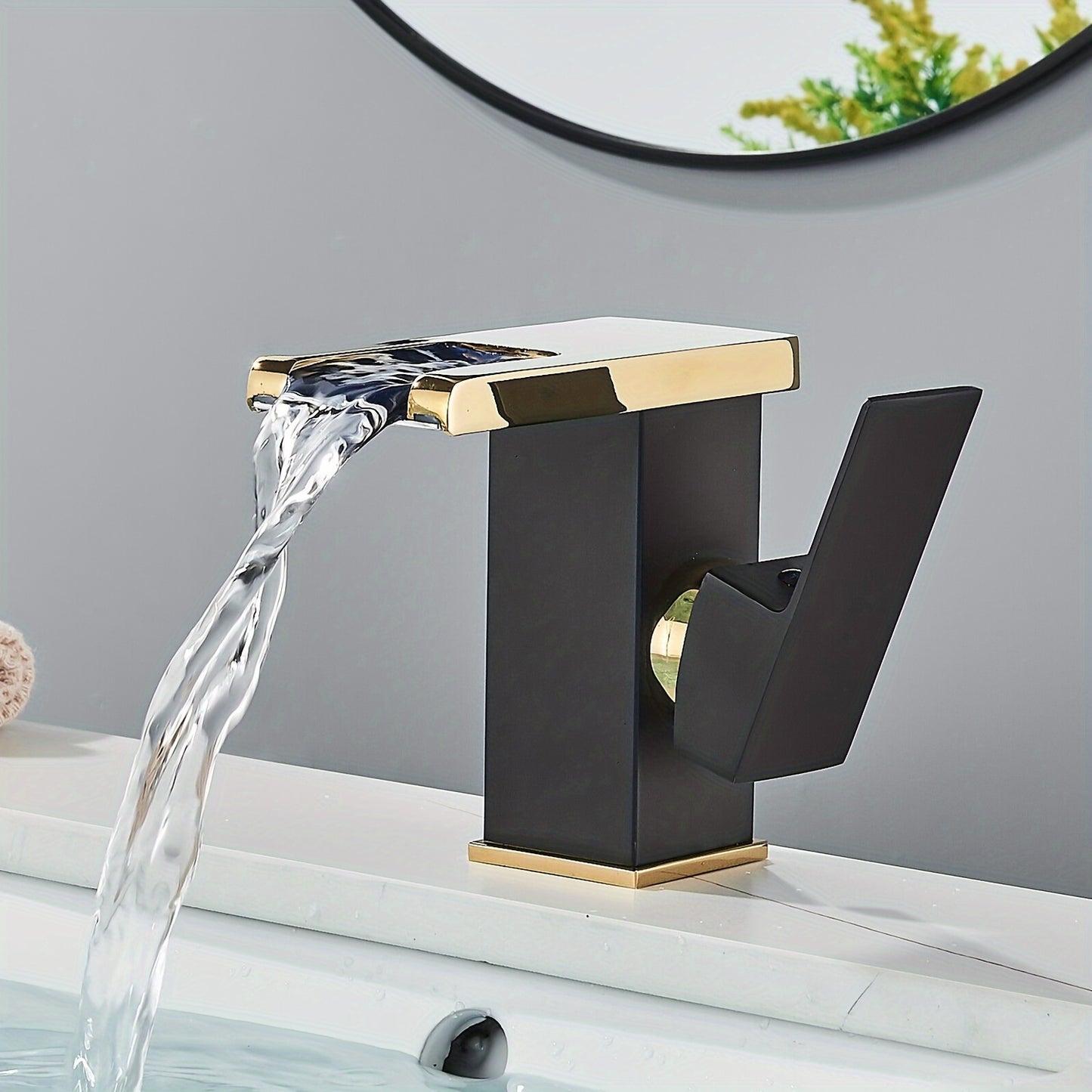 Waterfall Bathroom Faucet Black & Golden Led Light 3 Colors Changing Spout