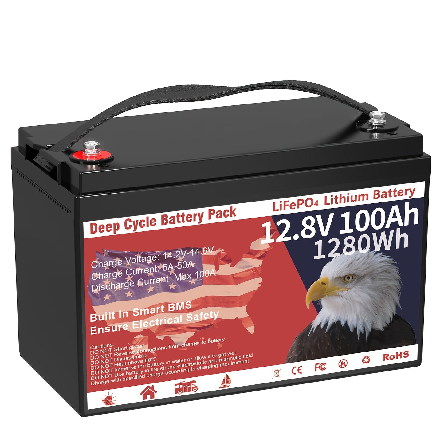 1x Durable 12.8V 100Ah Group 31 LiFePO4 Lithium Battery with Built-in 100A BMS - 1280Wh, Grade A Deep Cycle, Supports Series/Parallel Connection for Solar Home Systems, RVs, Marine Applications, Trolling Motors & Off-Grid Lif