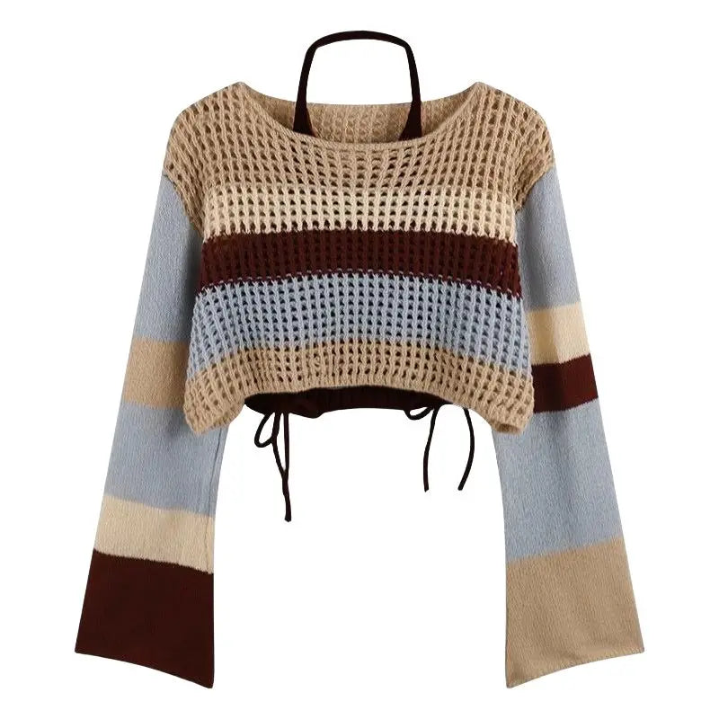 Women's Autumn Vintage Hollow Stripe Long Sleeved Knitwear Pants Suit
