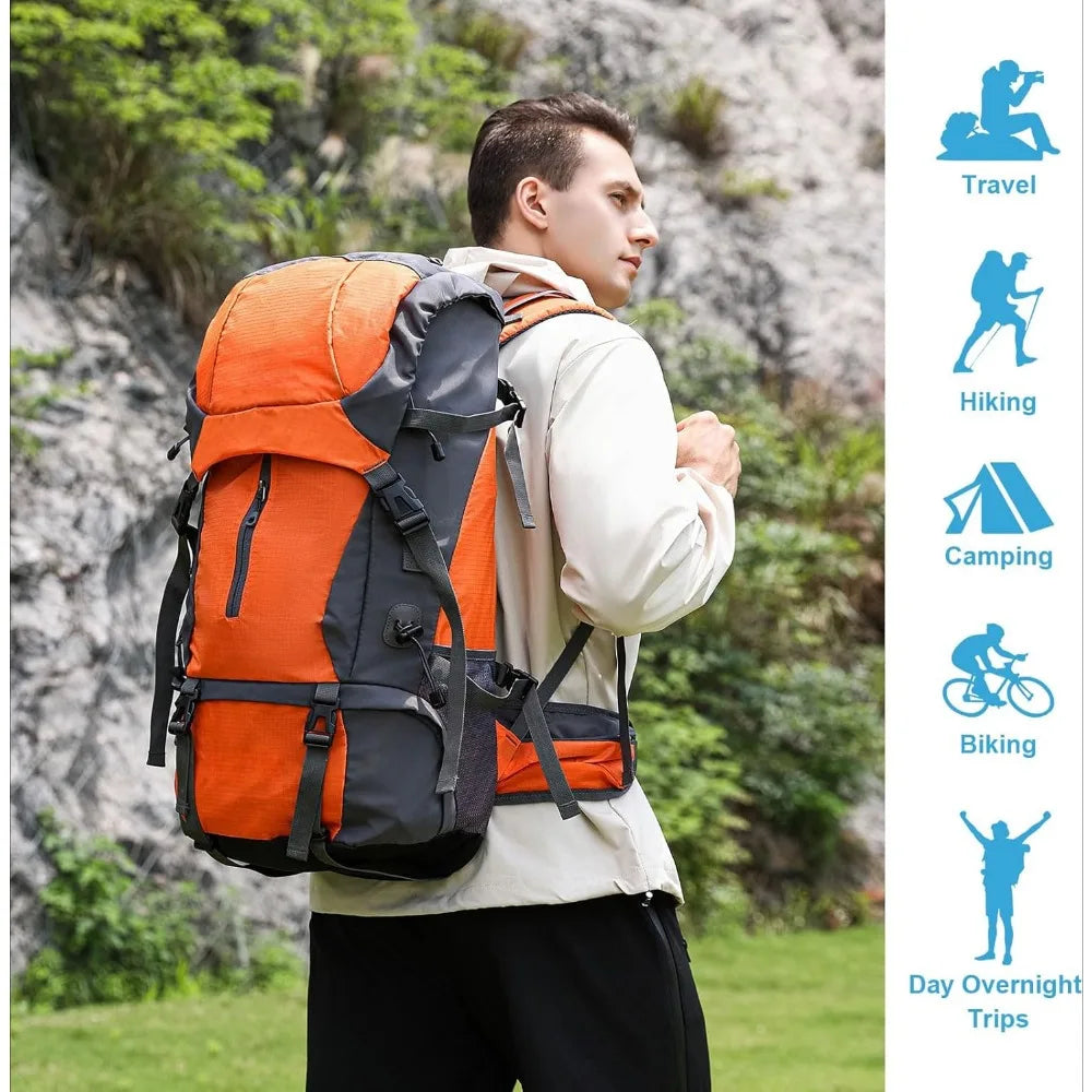 70L - Waterproof Backpack for Men and Women - Backpacking with Rain Cover
