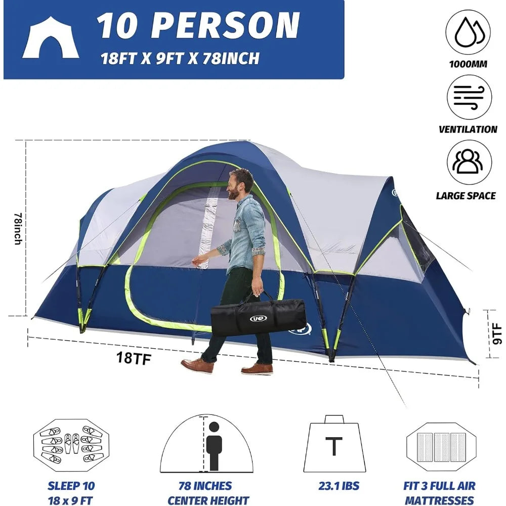 10-Person-Family Tents, 5 Large Mesh Windows, Double Layer, 2 Room, Waterproof