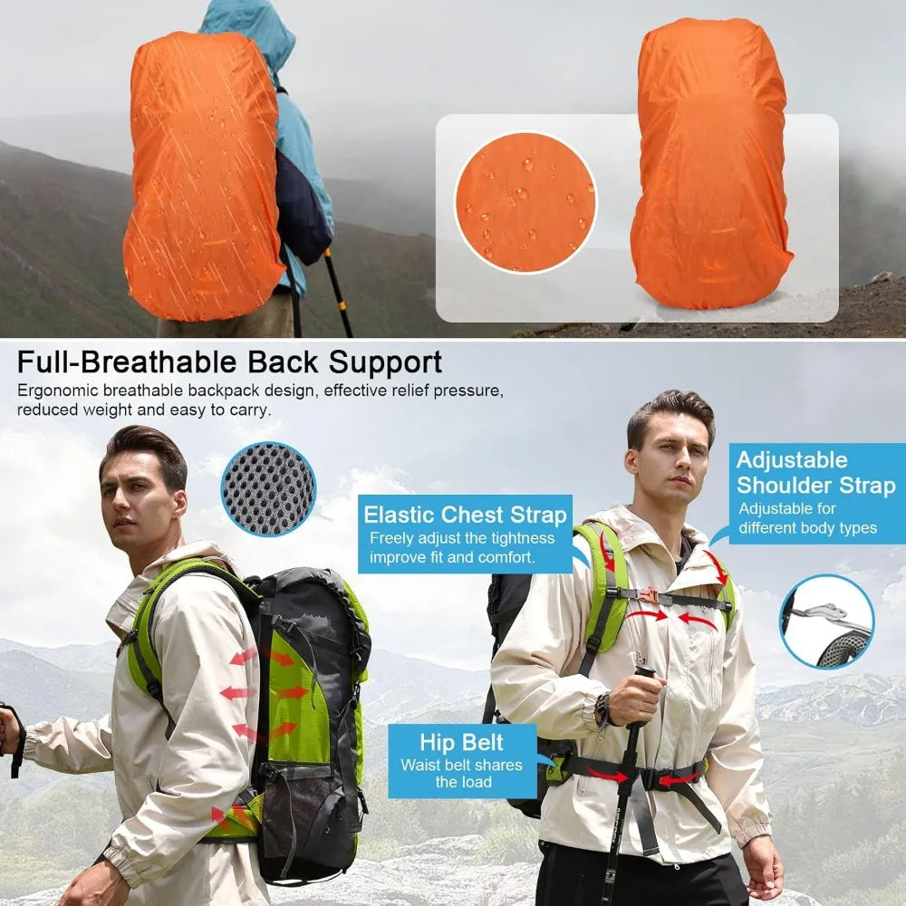 70L - Waterproof Backpack for Men and Women - Backpacking with Rain Cover