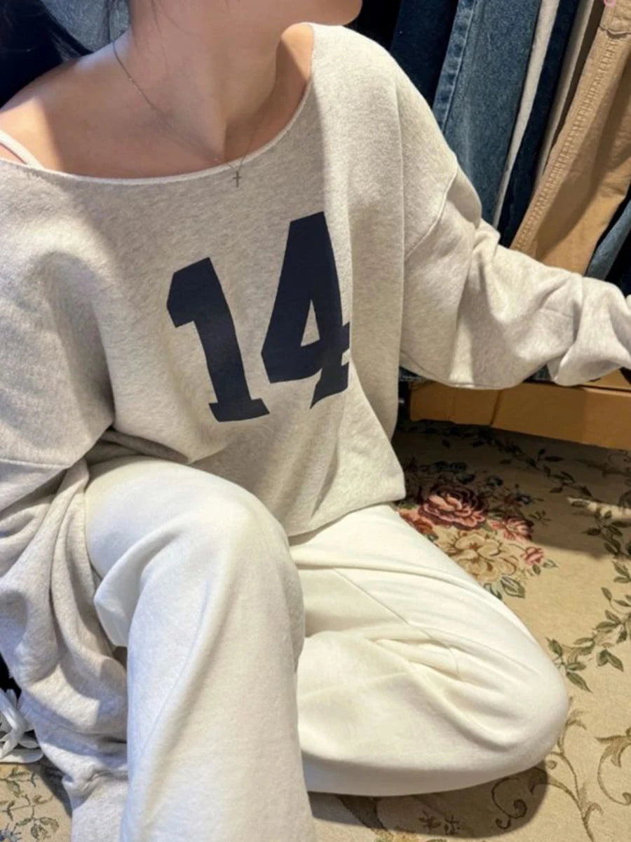 14 Print Oversized Sweatshirt Women Sexy Scoop Neck Long Sleeve Cotton Loose Pullover Autumn Streetwear