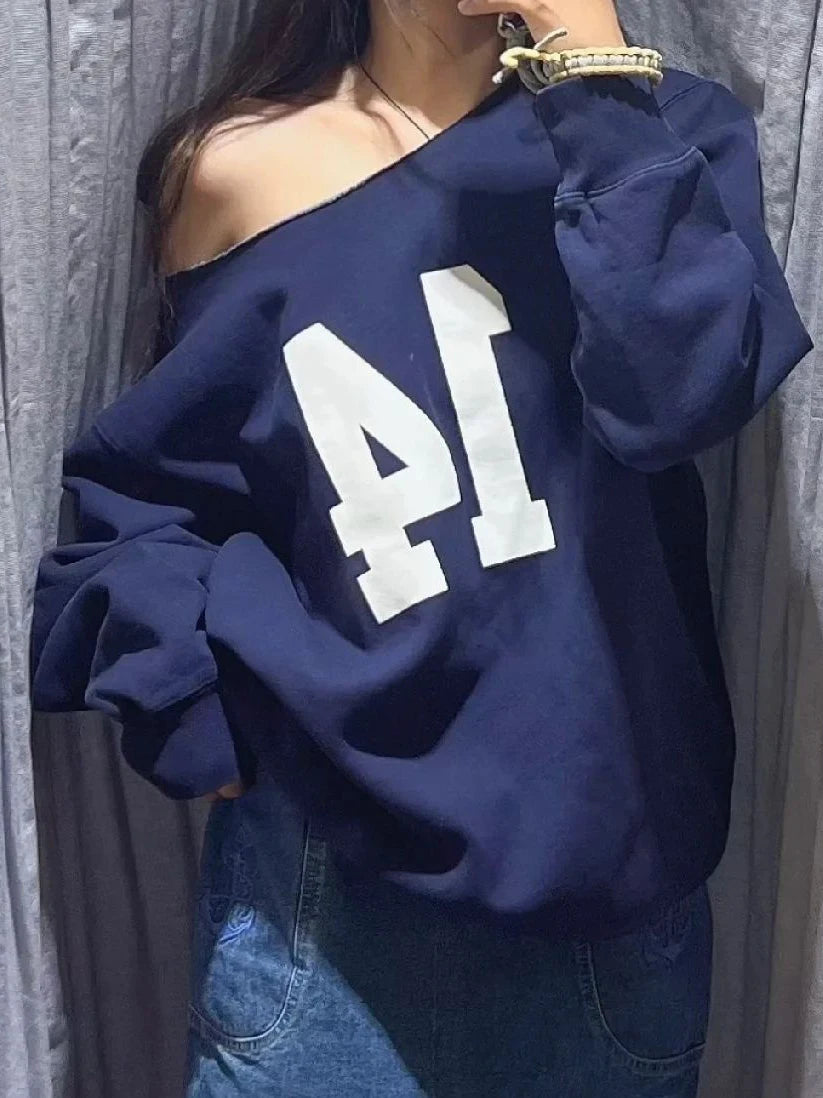 14 Print Oversized Sweatshirt Women Sexy Scoop Neck Long Sleeve Cotton Loose Pullover Autumn Streetwear