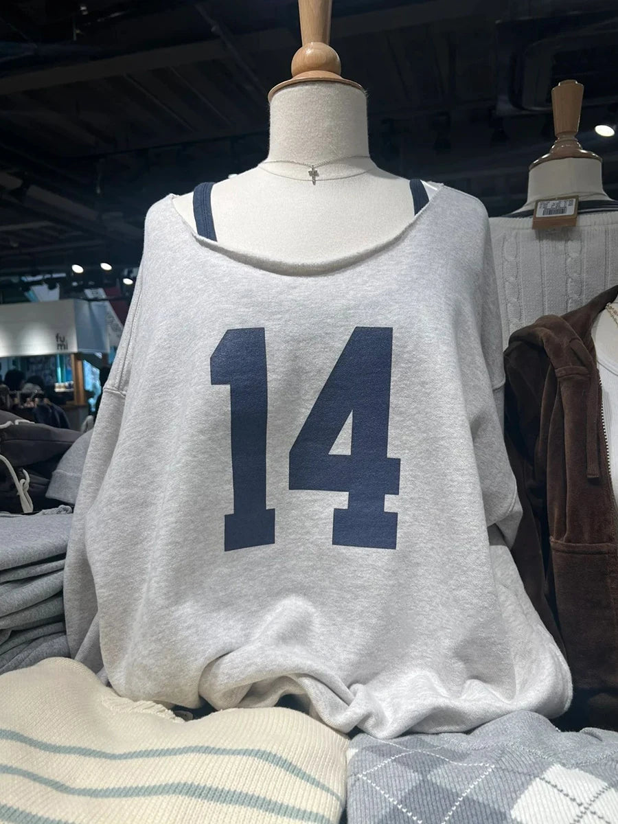 14 Print Oversized Sweatshirt Women Sexy Scoop Neck Long Sleeve Cotton Loose Pullover Autumn Streetwear