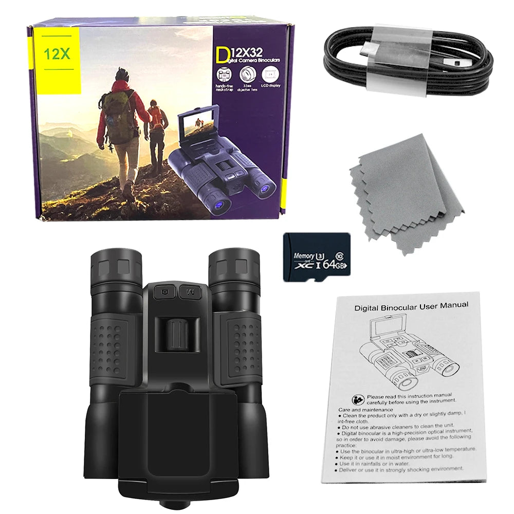 Alpine Outdoor Supplies 12x32 HD binoculars camera with 48MP, 8x zoom, for outdoor camping and long-distance viewing.
