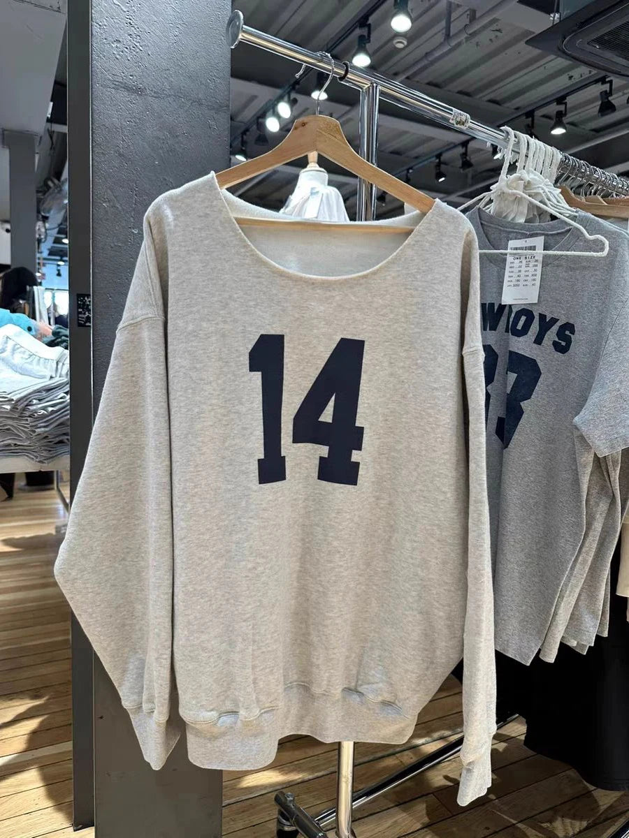 14 Print Oversized Sweatshirt Women Sexy Scoop Neck Long Sleeve Cotton Loose Pullover Autumn Streetwear