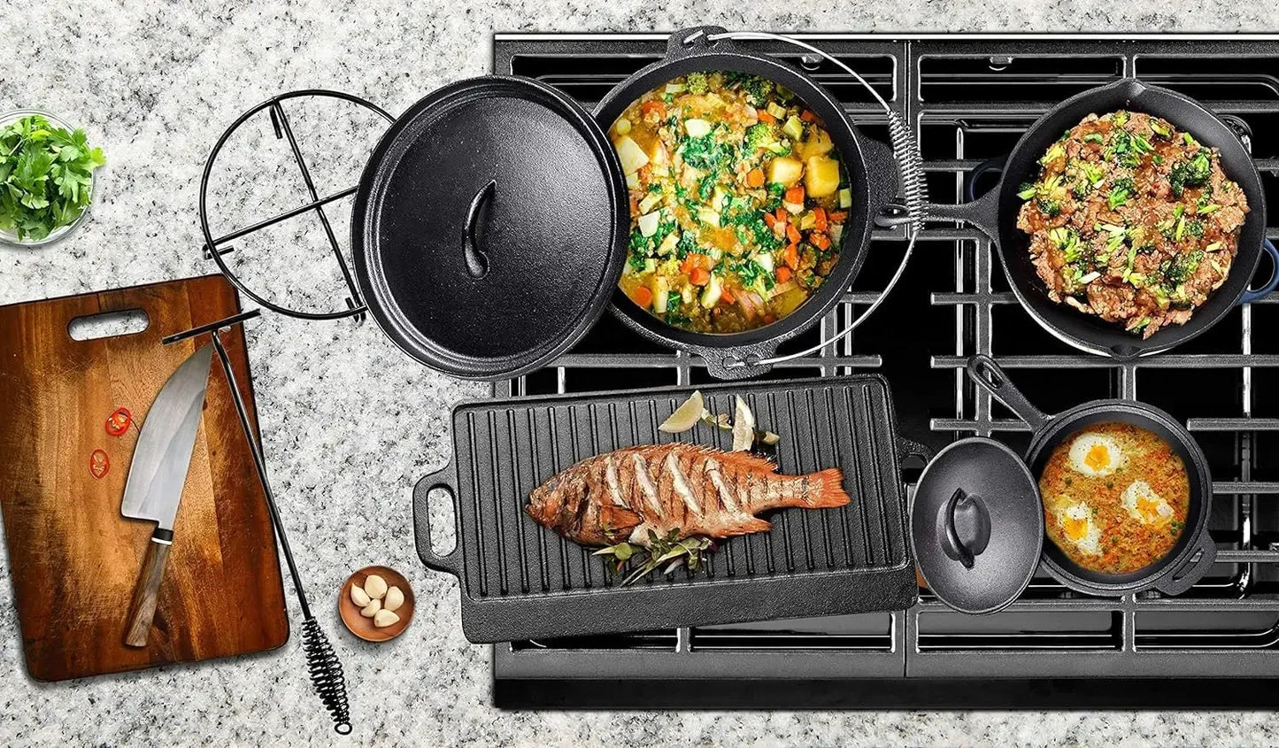 Camping Cooking Set Of 7. Pre Seasoned Cast Iron Pots And Pans Dutch Oven With Lids