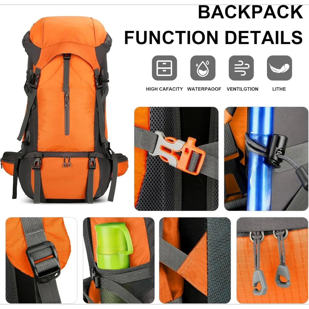 70L - Waterproof Backpack for Men and Women - Backpacking with Rain Cover