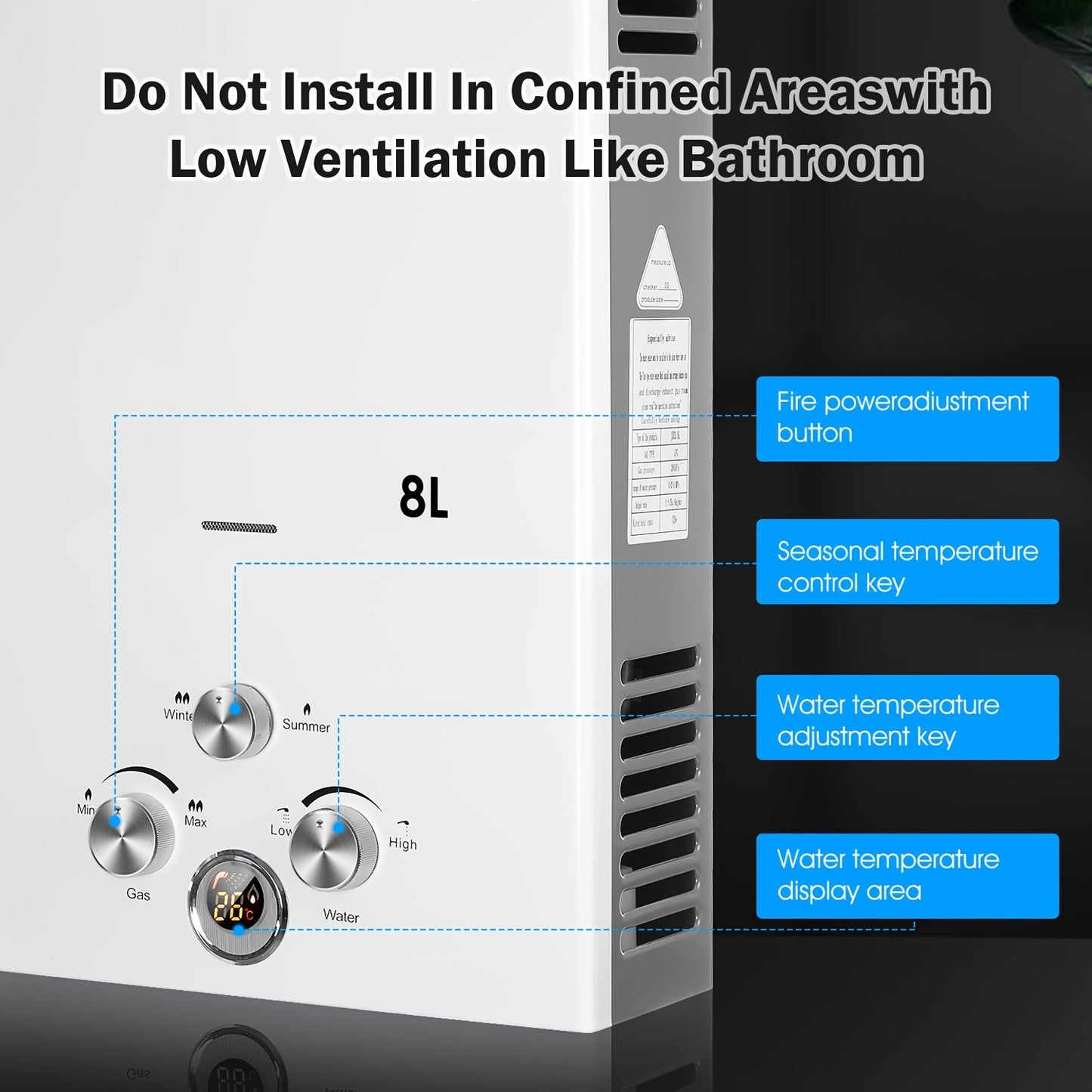 8L Tankless Propane Water Heater with Digital Display - Wall-Mounted