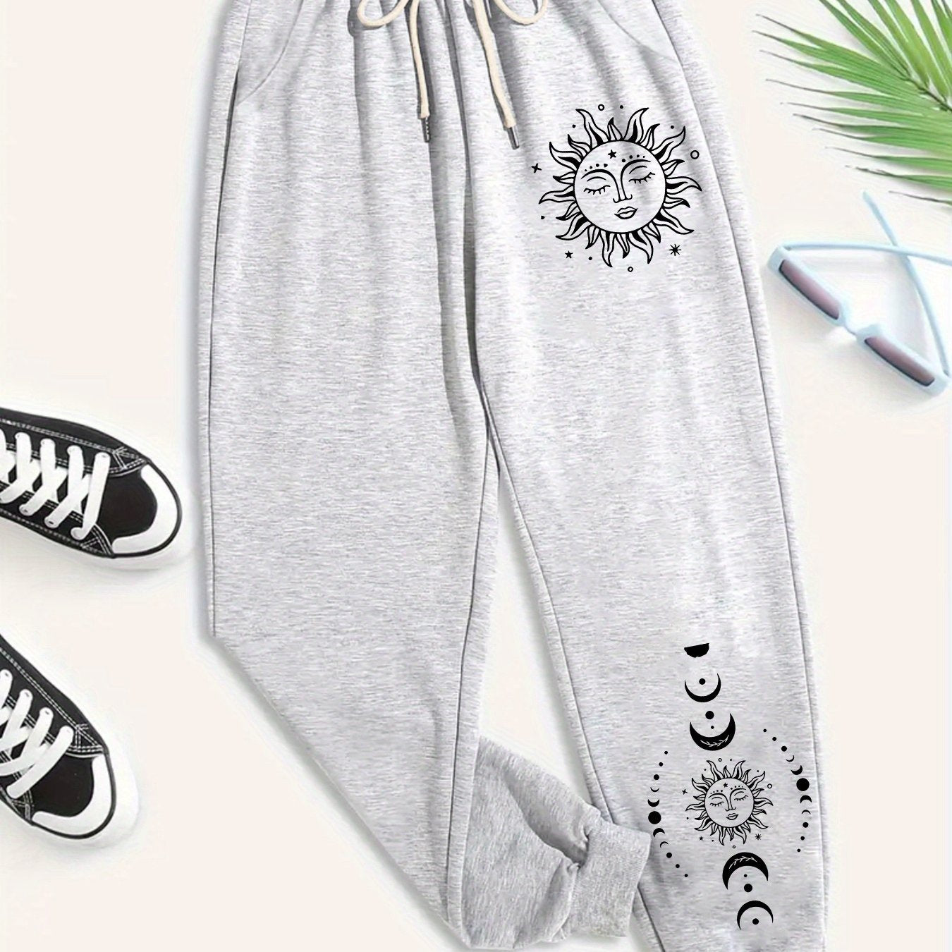 Plus Size Women's Jogger Pants with Sun & Moon Graphics