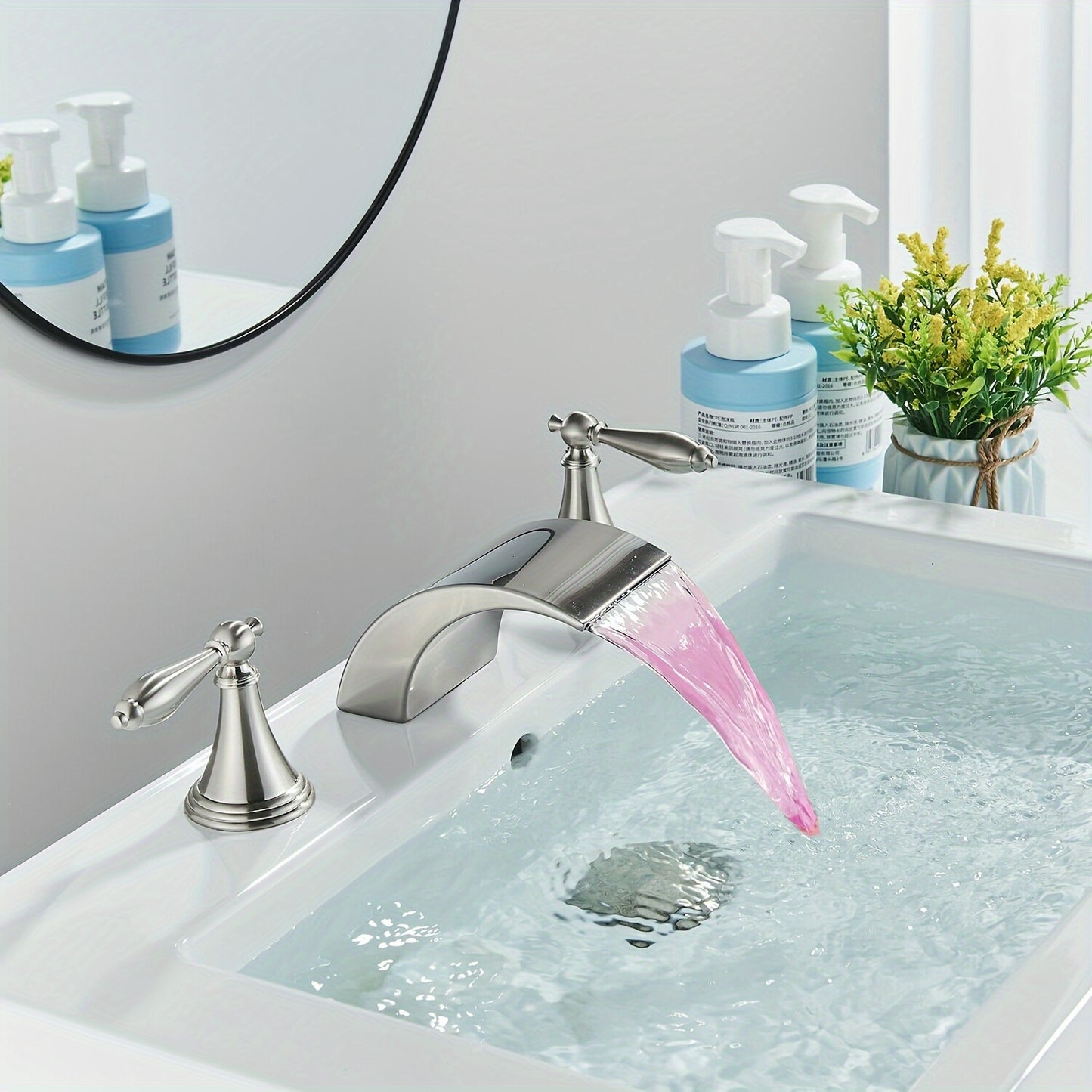 Waterfall Widespread Bathroom Sink Basin Faucet, 3 Hole 2 Handle With LED 8" Widespread LED Bathroom Sink Basin Fauce