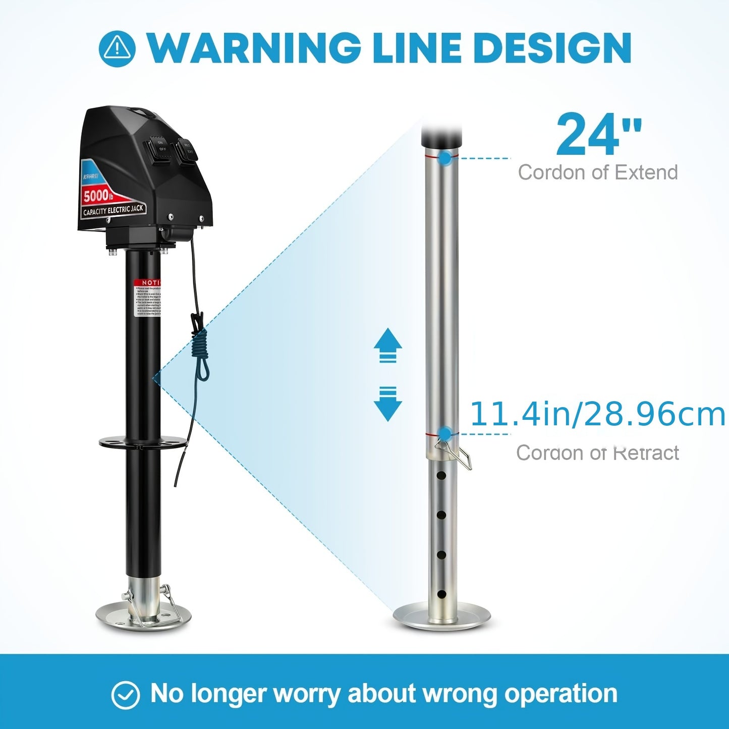 RV Electric Trailer Jack 5000lbs/3700lbs, Tongue Jack with Waterproof Cover & LED Work Light, Easy Install, 22" Lift, 12V DC