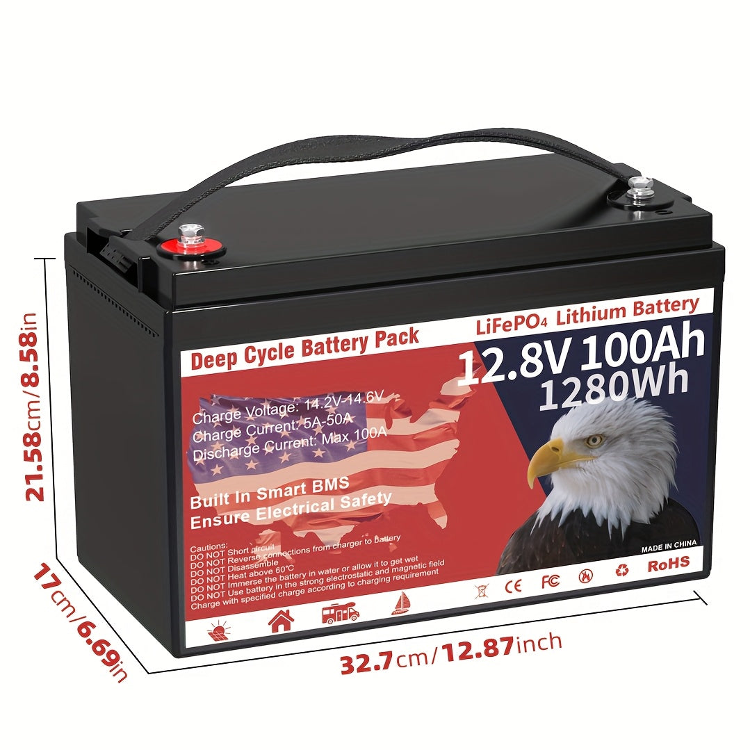 1x Durable 12.8V 100Ah Group 31 LiFePO4 Lithium Battery with Built-in 100A BMS - 1280Wh, Grade A Deep Cycle, Supports Series/Parallel Connection for Solar Home Systems, RVs, Marine Applications, Trolling Motors & Off-Grid Lif