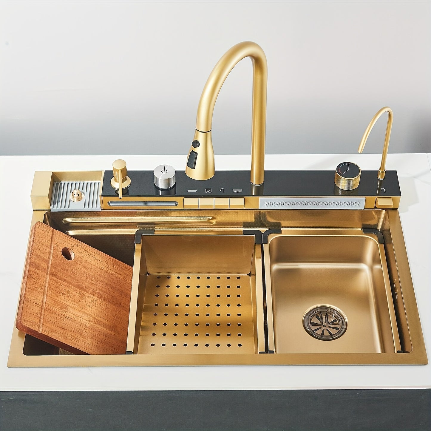 Golden Multifunctional Waterfall Digital Display Sink, 304 Stainless Steel 1 Basin, Smart Sink with Integrated Tap