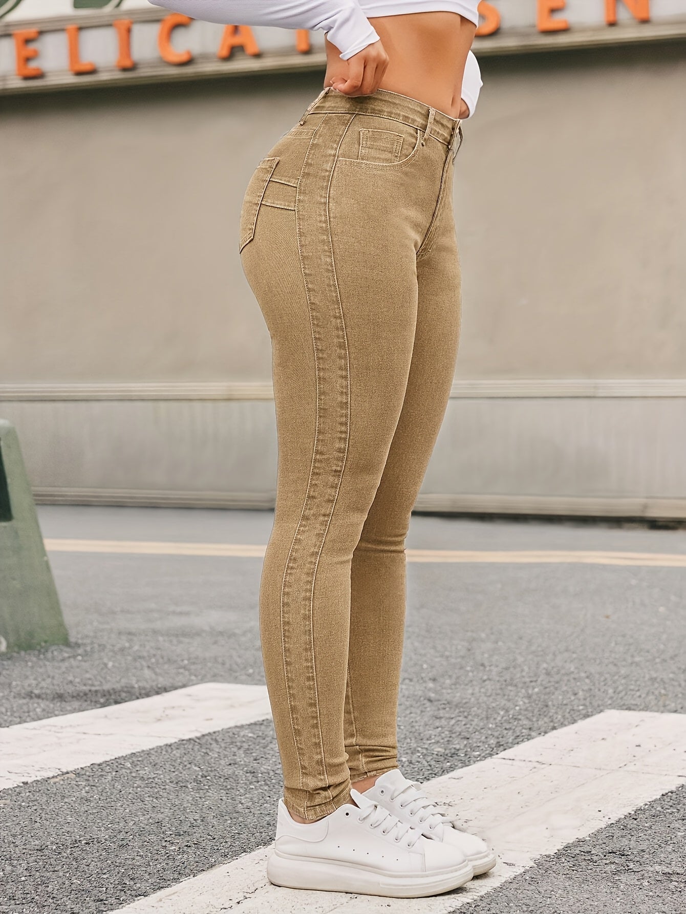 Women's Plus Size Khaki Stretch Skinny Jeans With Slant Pockets, Mid-Rise, Comfort Fit