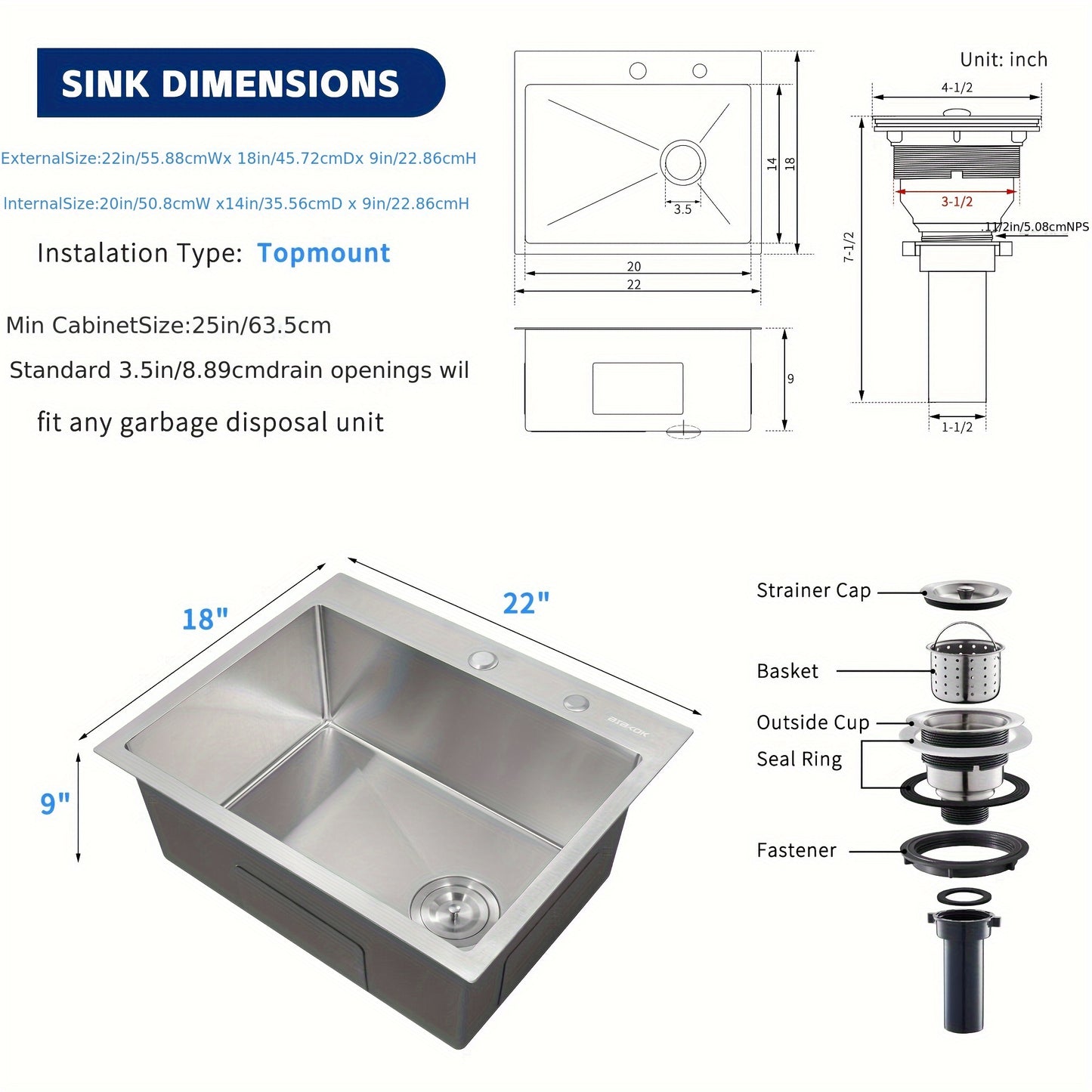 Elegant Single-Bowl Kitchen Sink - Sleek Brushed Finish, Drop-in Design for Easy Installation