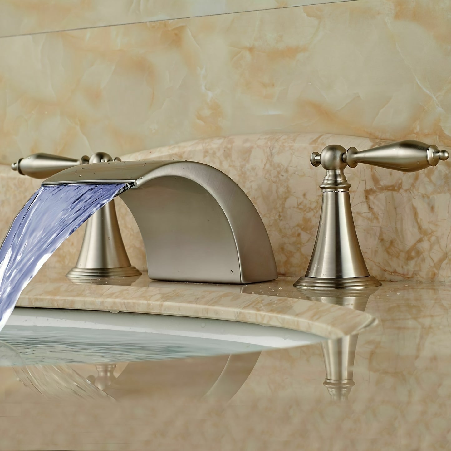 Waterfall Widespread Bathroom Sink Basin Faucet, 3 Hole 2 Handle With LED 8" Widespread LED Bathroom Sink Basin Fauce