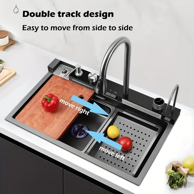 30x18 Inch Modern Stainless Steel Kitchen Sink with Dual Waterfalls, Pull-Out Faucet & Digital Display
