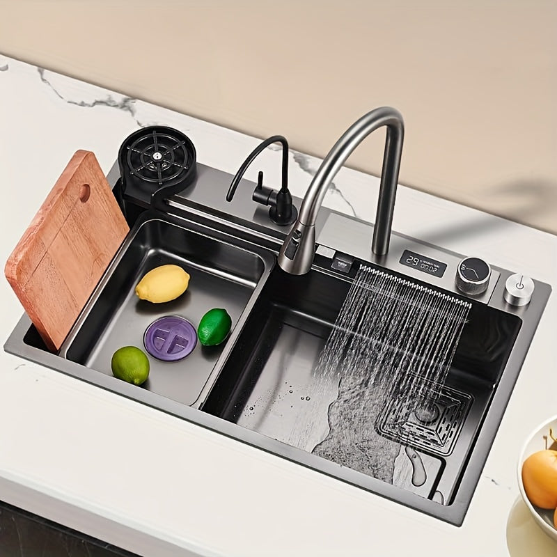 Digital Display Waterfall Sink, Single Bowl Kitchen Sink, Stainless Steel Bar Sink With Pull-down Nozzle Faucet