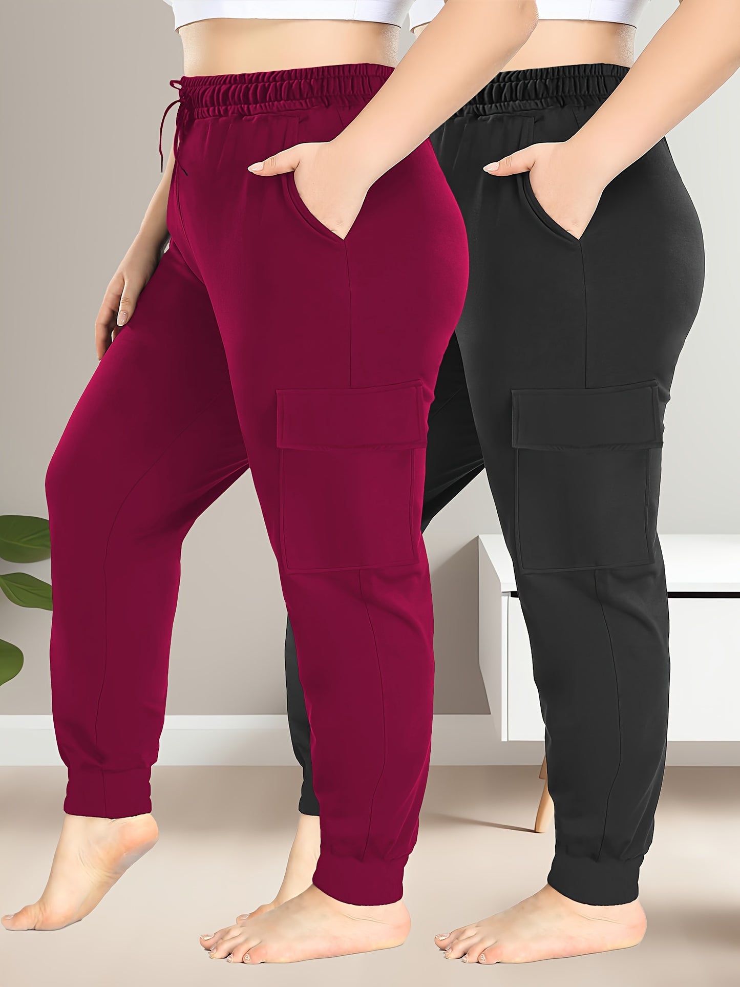 High Stretch 2-Pack Plus Size Drawstring Cargo Pants - With Pockets
