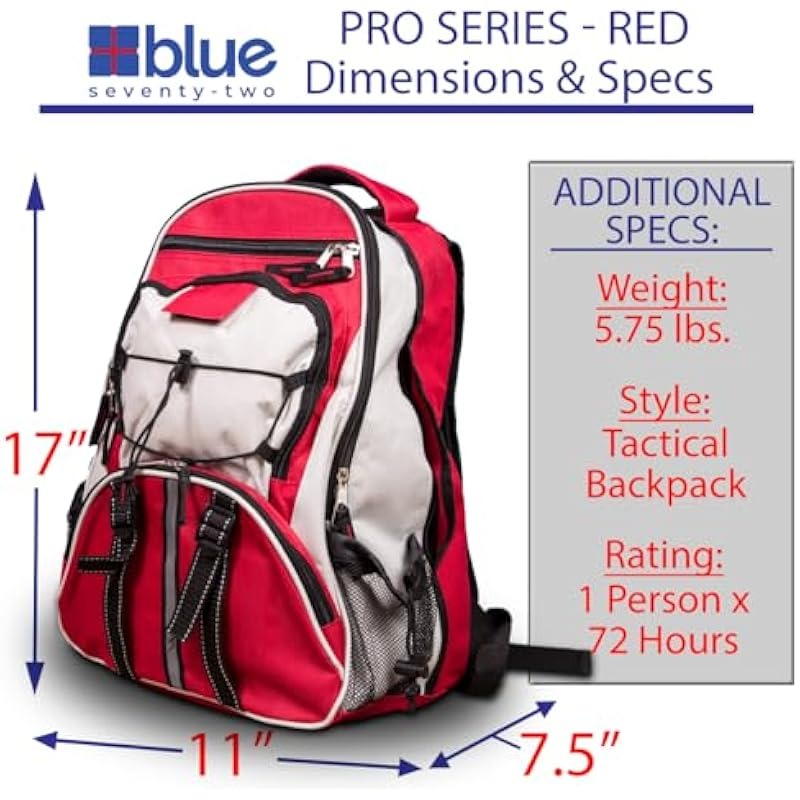 Blue Seventy-Two - Pro Series - Red Deluxe 72 Hour Emergency Backpack Survival Kit for 1 Person